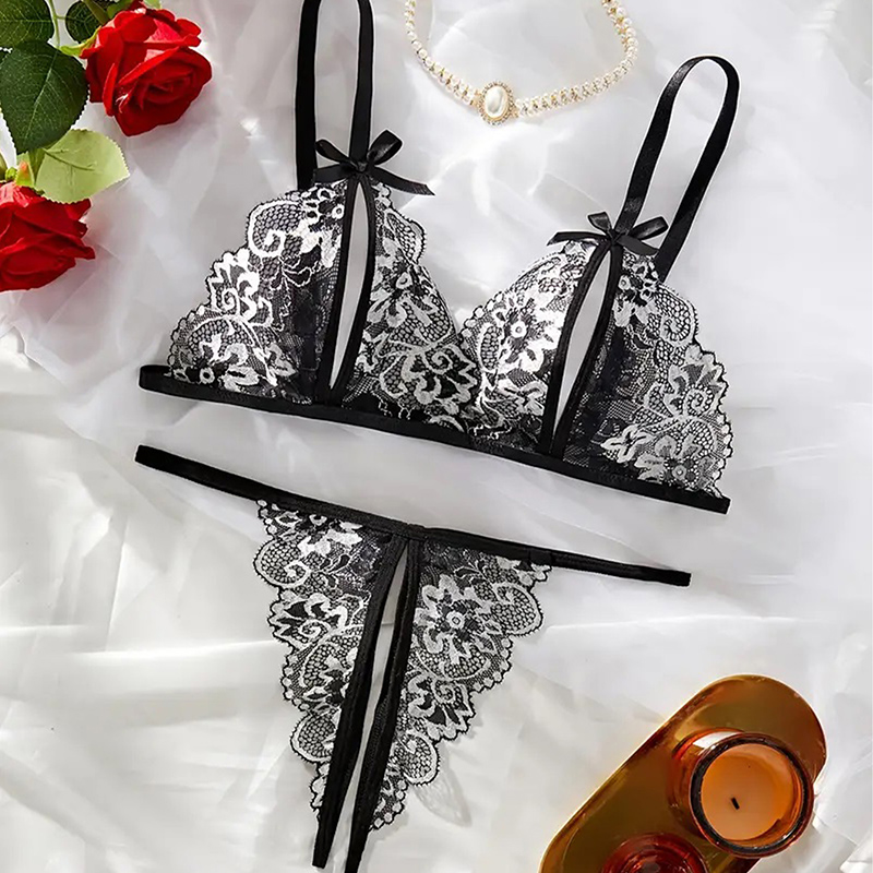 Hitam Panas Crotchless Wanita  - Sheer Bra Lace ulasan dan harga