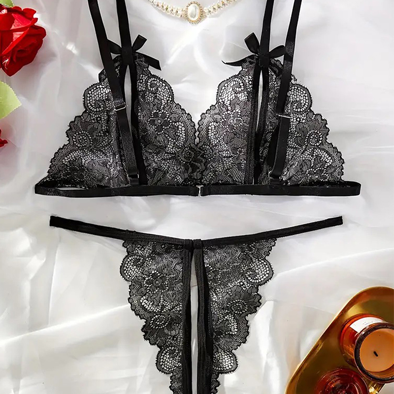 Hitam Panas Crotchless Wanita  - Sheer Bra Lace ulasan dan harga